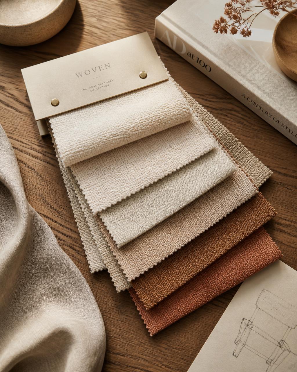 Wool and linen upholstery swatches fanned out on an oak table